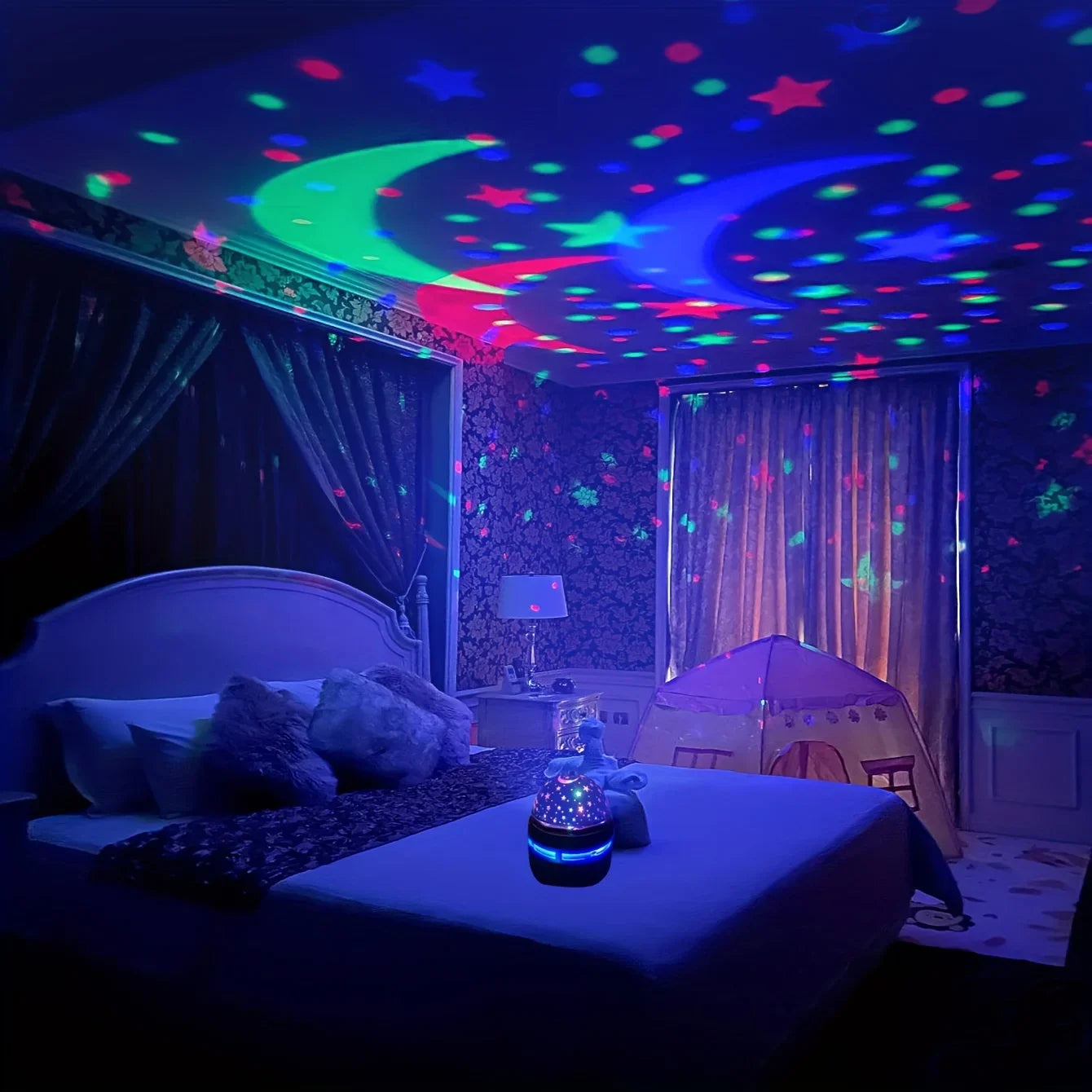 Projetor de céu estrelado LED colorido, bola mágica de luz galáctica, lua e estrelas, luz noturna, lâmpada de ambiente para quarto, decoração de casa