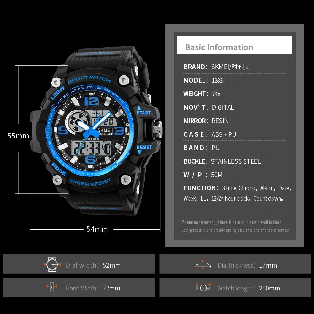 SKMEI 1283 Quartz Digital Watch Men Military Waterproof Sports Mens Watches Luxury Brand Reloj two Time Electronic Wristwatches