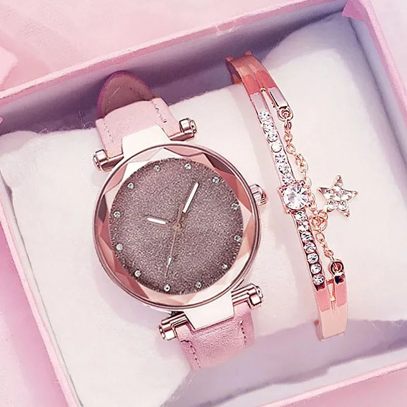 Relógio Feminino Céu Estrelado com Pulseira de Couro e Strass – Romântico e Casual