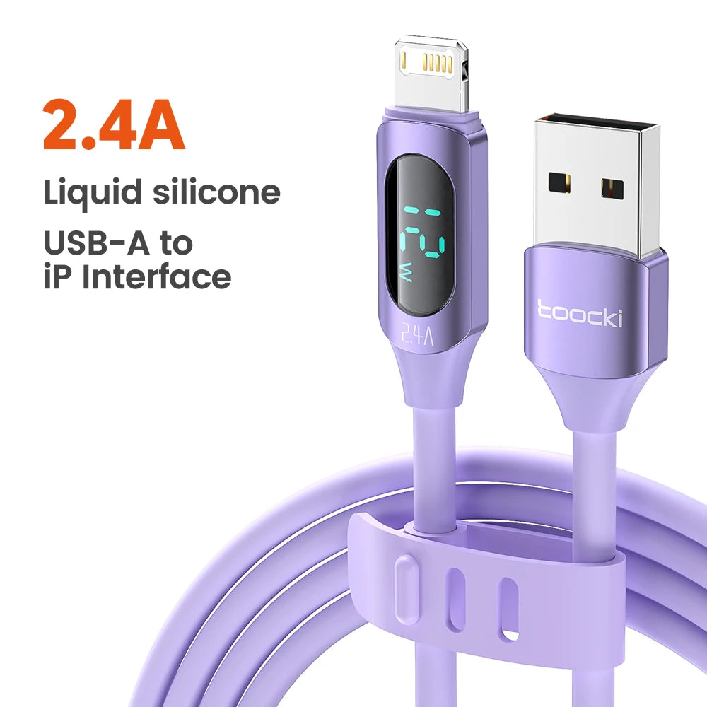Cabo USB Toocki 2.4A para iPhone 12 13 14 Pro Max X XR Xs SE 7 8 Plus, USB para Lightning, carregamento rápido, cabo digital com tela para iOS