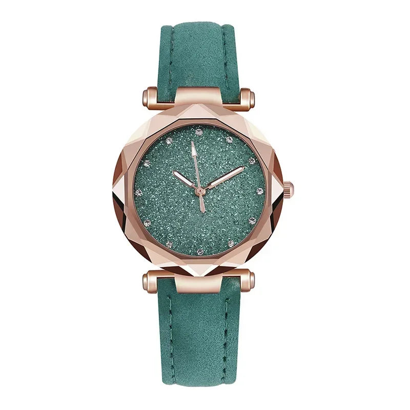 Relógio Feminino Céu Estrelado com Pulseira de Couro e Strass – Romântico e Casual