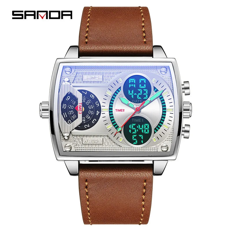 Gold Big Dial Three Time Men Wrist Watches Stainless Steel Men Sports Digital Military Quartz Watch Luminous Male Clock Dropship