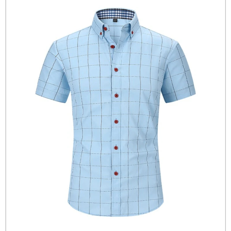 Men's Cotton Plaid Shirts Short Sleeves Soft Regular Fit Formal Dress Shirt Men Social Blouse Tops Summer Business Male Clothes