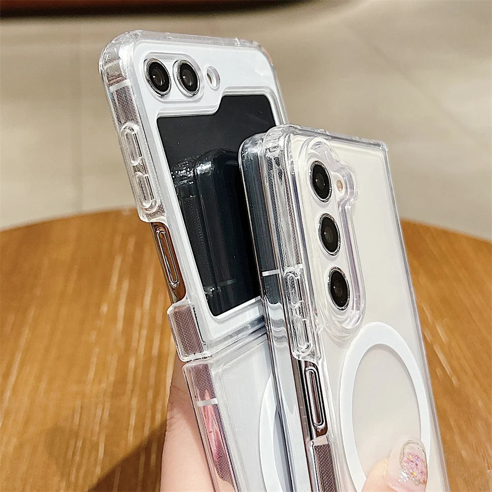 Capa protetora magnética transparente Magsafe para Samsung Z Fold 5 4 6 3 Flip 6 4 5 3 5G com carregamento sem fio.