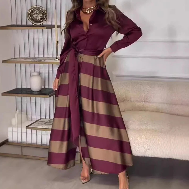 Casual Long Sleeved Lace Up Autumn Dress Women's Fashion Turn-down Collar Commuting Dresses Vintage Pattern Printed Shirt Dress