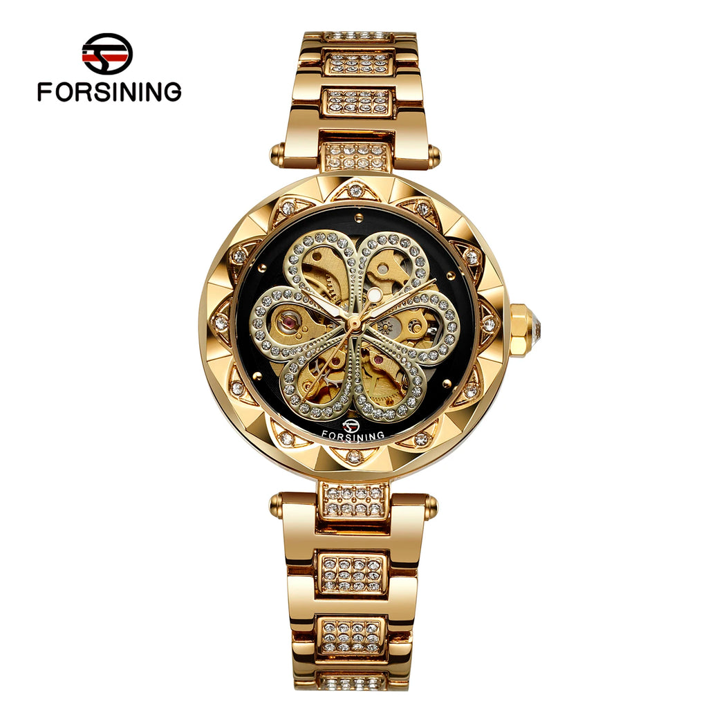 FORSINING Relógio Feminino Esqueleto Automático com Diamantes – Ponteiros Luminosos