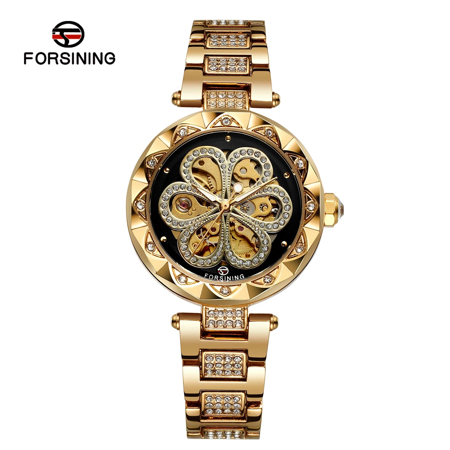 FORSINING Relógio Feminino Esqueleto Automático com Diamantes – Ponteiros Luminosos