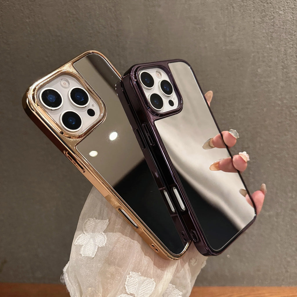 Capa de celular luxuosa com espelho de maquiagem e acabamento cromado para iPhone 17 Air, 16, 15, 14 Plus, 13, 12 Pro Max e 11. Capa protetora macia e resistente a impactos.