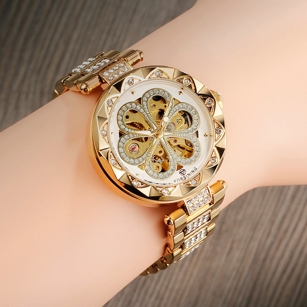 FORSINING Relógio Feminino Esqueleto Automático com Diamantes – Ponteiros Luminosos