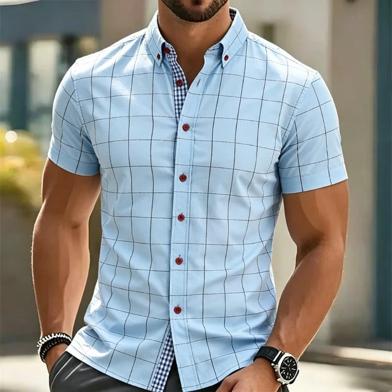 Men's Cotton Plaid Shirts Short Sleeves Soft Regular Fit Formal Dress Shirt Men Social Blouse Tops Summer Business Male Clothes