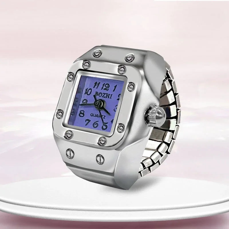Relógio de dedo vintage punk, mini relógio de liga metálica com pulseira elástica, anel para casal, joia retrô, relógio de quartzo romano, anel feminino masculino