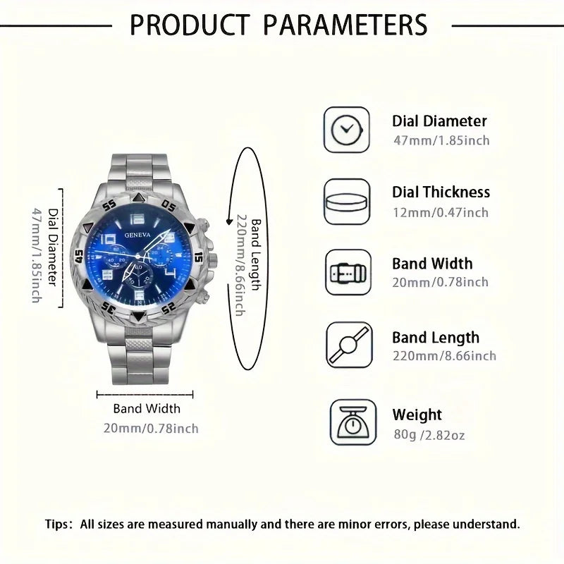 Conjunto de 4/1 relógio masculino moderno de quartzo - pulseira de aço inoxidável, caixa redonda em liga de zinco, esportivo eletrônico