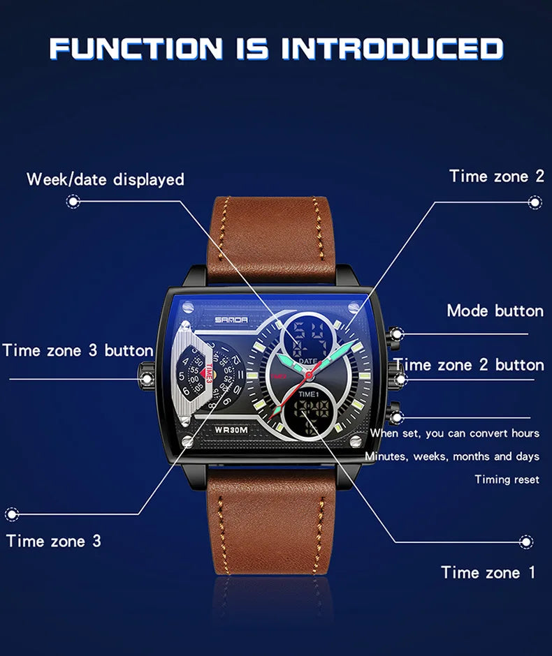 Gold Big Dial Three Time Men Wrist Watches Stainless Steel Men Sports Digital Military Quartz Watch Luminous Male Clock Dropship