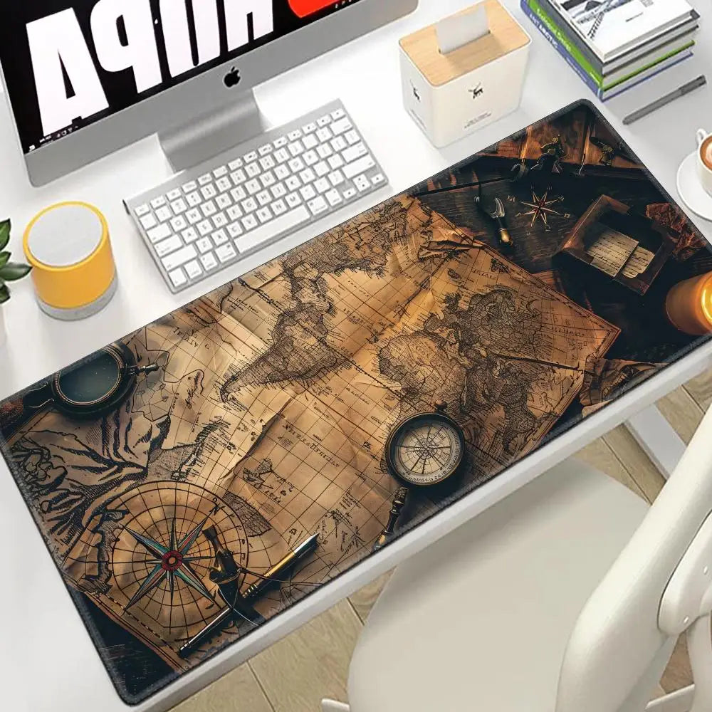 Mousepad XXL Vintage Steampunk com Design de Bússola, Tamanho Grande, para Jogos e Escritório, com Bordas Costuradas Antiderrapantes, Ideal para Gamers e Uso Doméstico.