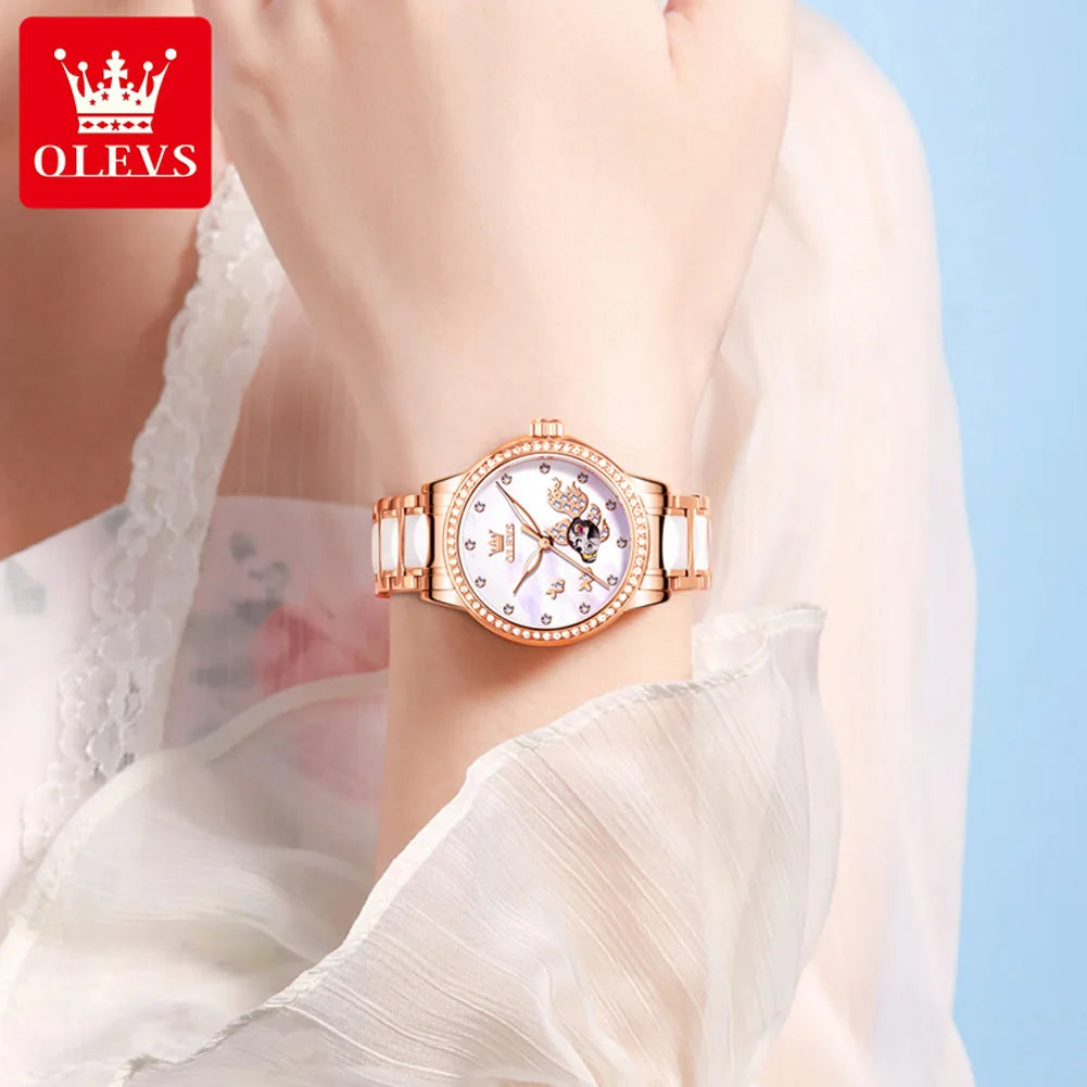 OLEVS Relógio Feminino Automático Mecânico em Aço Inoxidável – Resistente à Água 3 Bar
