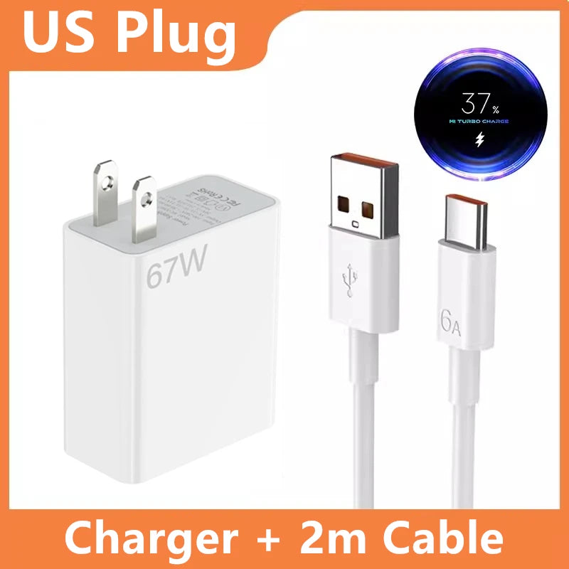 Carregador ultrarrápido de 67W e 6A com plugue americano para Xiaomi 10T, 11, 12 Lite, 13T, Redmi Note 10, 11T, 12T, 13, POCO X4, X5 e F5. Cabo de carregamento USB tipo C.