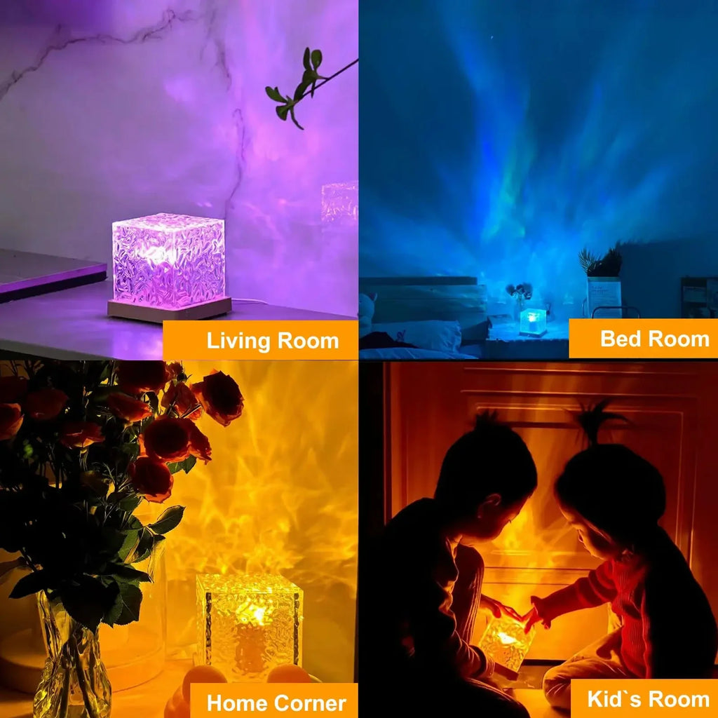 Luminária de mesa giratória com efeito de ondulação na água em 16 cores RGB, ideal para criar atmosfera no quarto com luz e sombra. Também funciona como luz noturna de cabeceira.