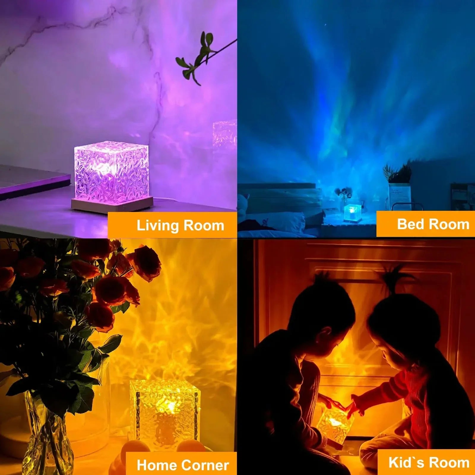 Luminária de mesa giratória com efeito de ondulação na água em 16 cores RGB, ideal para criar atmosfera no quarto com luz e sombra. Também funciona como luz noturna de cabeceira.