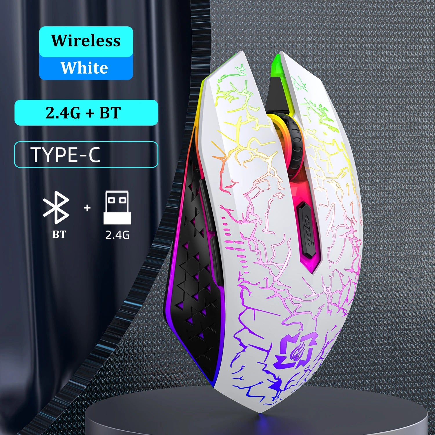 Mouse Bluetooth 5.2 RGB 2.4G Sem Fio com Modo Duplo para Jogos, 6 Botões, Silencioso, para MacBook, Tablet, Laptop e Computador.