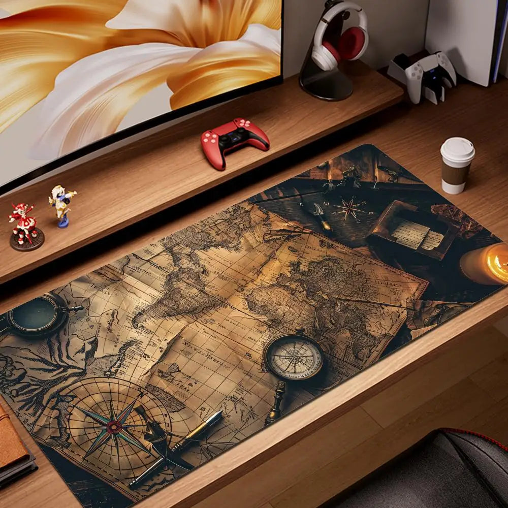 Mousepad XXL Vintage Steampunk com Design de Bússola, Tamanho Grande, para Jogos e Escritório, com Bordas Costuradas Antiderrapantes, Ideal para Gamers e Uso Doméstico.