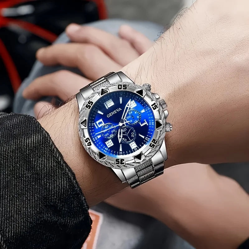 Conjunto de 4/1 relógio masculino moderno de quartzo - pulseira de aço inoxidável, caixa redonda em liga de zinco, esportivo eletrônico