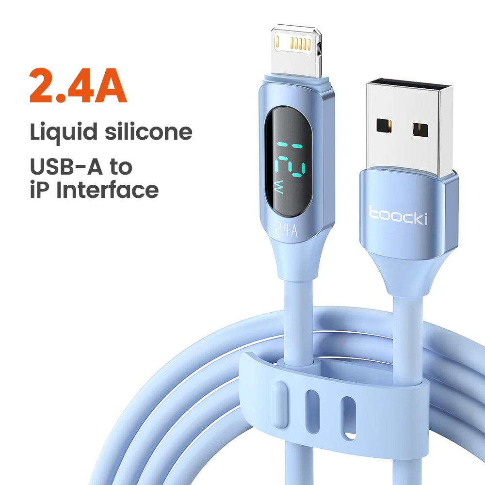 Cabo USB Toocki 2.4A para iPhone 12 13 14 Pro Max X XR Xs SE 7 8 Plus, USB para Lightning, carregamento rápido, cabo digital com tela para iOS