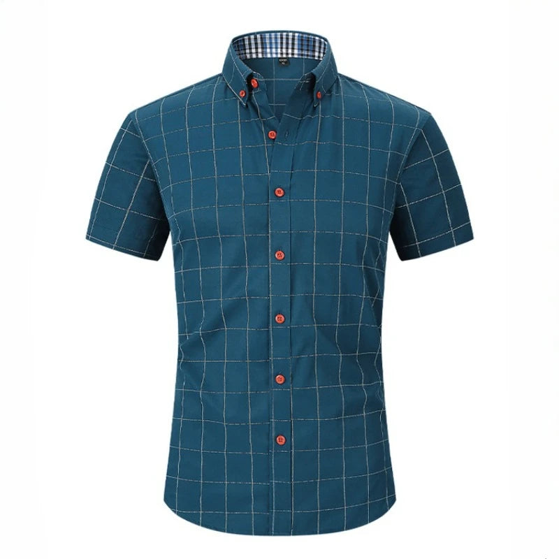 Men's Cotton Plaid Shirts Short Sleeves Soft Regular Fit Formal Dress Shirt Men Social Blouse Tops Summer Business Male Clothes