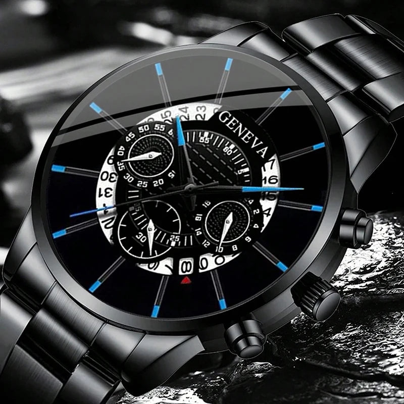 Fashion Mens Stainless Steel Watches Luxury Quartz Wristwatch Calendar Men Business Casual Leather Bracelet Watch
