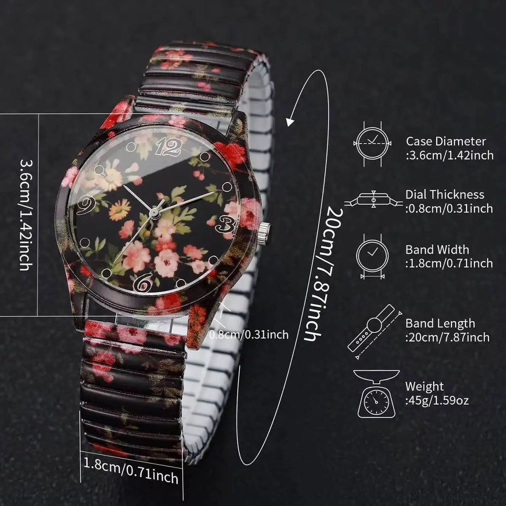 Relógio Feminino com Estampa Floral e Pulseira Elástica – Quartzo Fashion