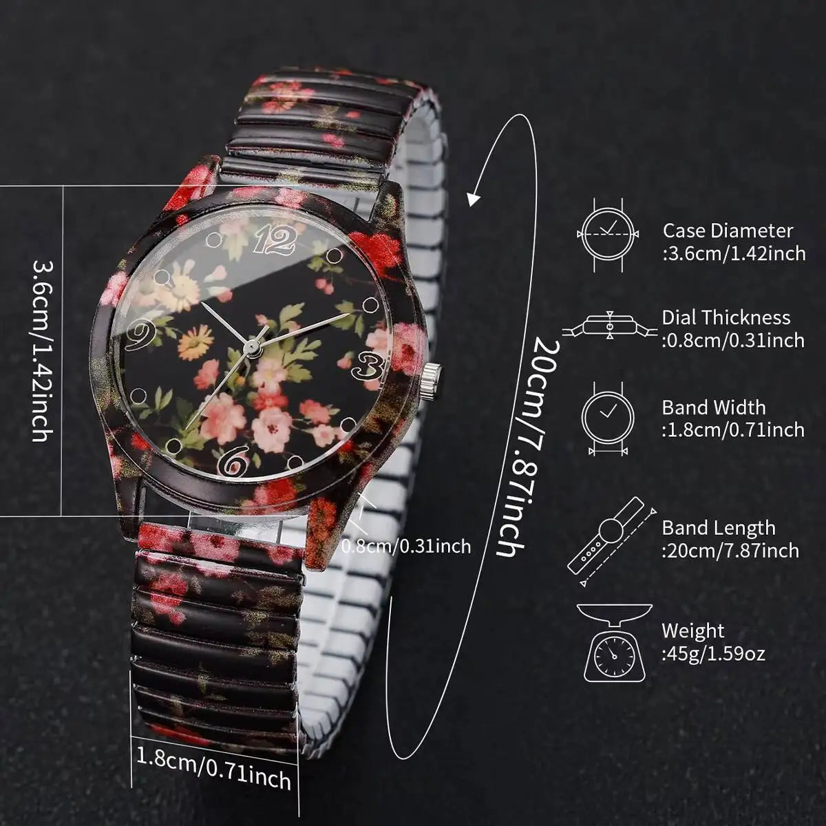 Relógio Feminino com Estampa Floral e Pulseira Elástica – Quartzo Fashion