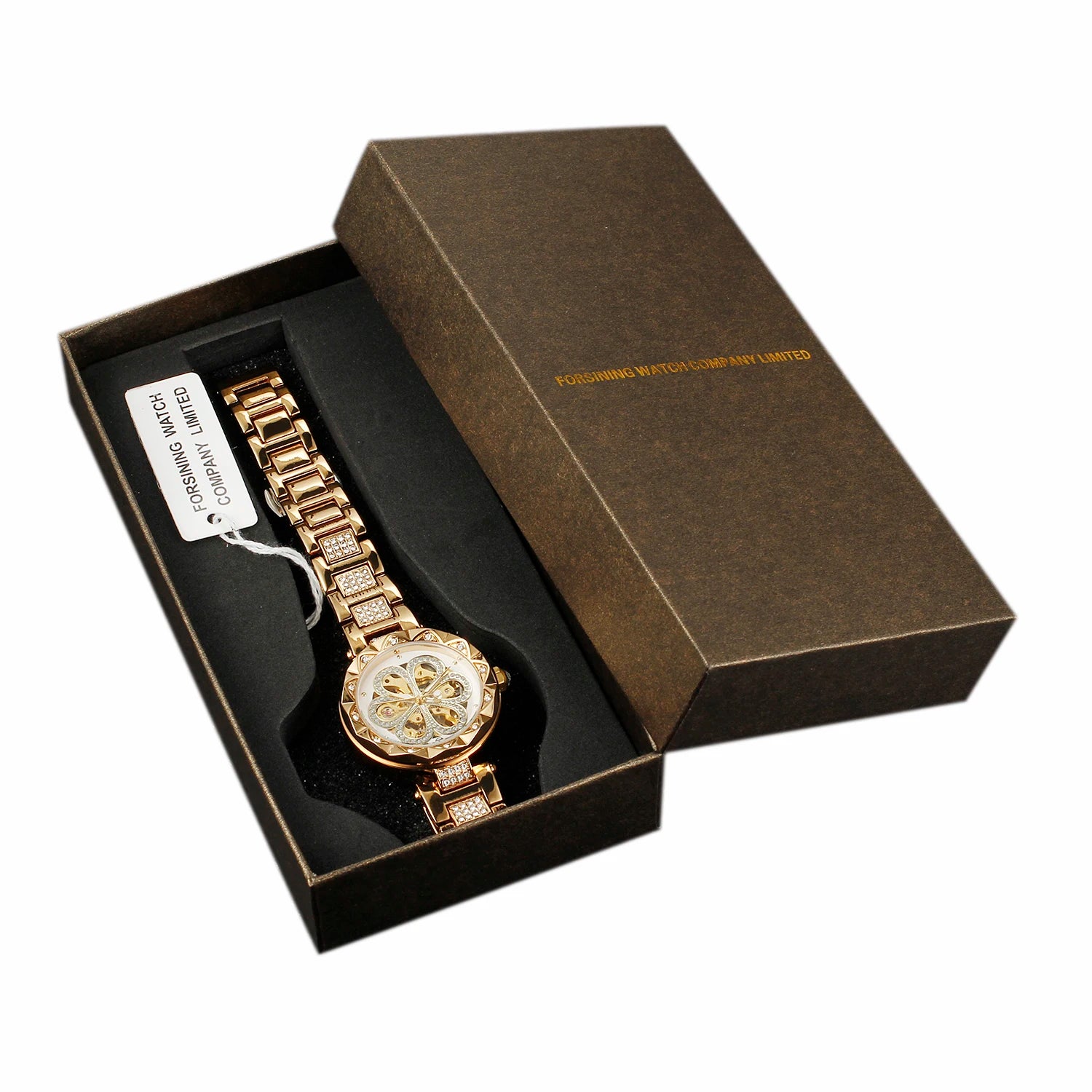 FORSINING Relógio Feminino Esqueleto Automático com Diamantes – Ponteiros Luminosos