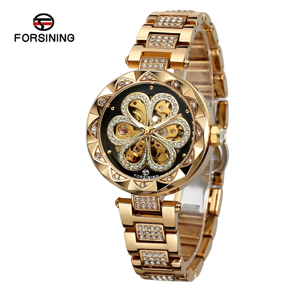 FORSINING Relógio Feminino Esqueleto Automático com Diamantes – Ponteiros Luminosos