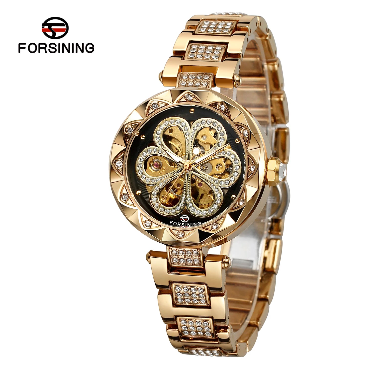 FORSINING Relógio Feminino Esqueleto Automático com Diamantes – Ponteiros Luminosos