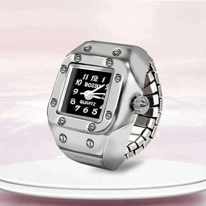 Relógio de dedo vintage punk, mini relógio de liga metálica com pulseira elástica, anel para casal, joia retrô, relógio de quartzo romano, anel feminino masculino