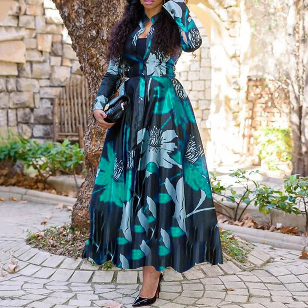 Retro Print Large Maxi Dress Women's Fashion Elegant Office Women's Long Dresses Spring Autumn Casual Long-sleeve Slim Vestidos