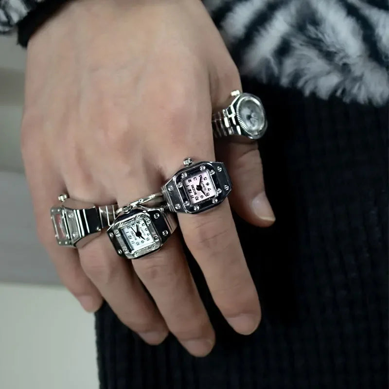Relógio de dedo vintage punk, mini relógio de liga metálica com pulseira elástica, anel para casal, joia retrô, relógio de quartzo romano, anel feminino masculino