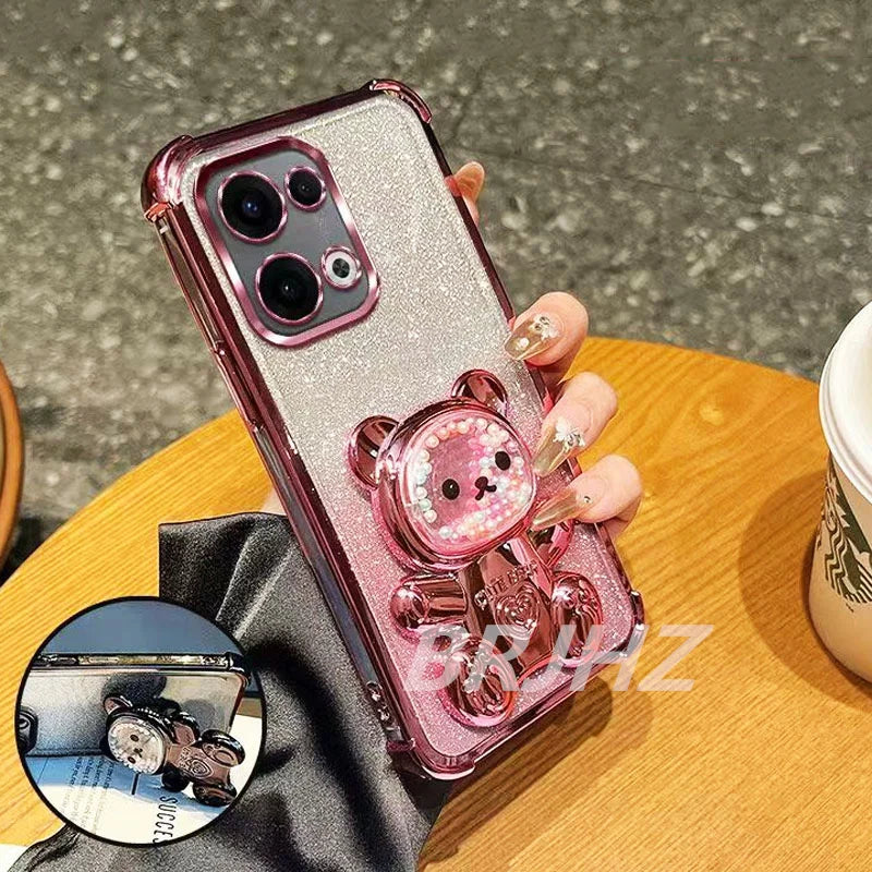 Capa transparente com suporte para urso fofo e resistente a impactos, com detalhes brilhantes, para Tecno Spark 40 Pro Plus, Spark 20, 20C, 10 Pro, 10C e 8C.
