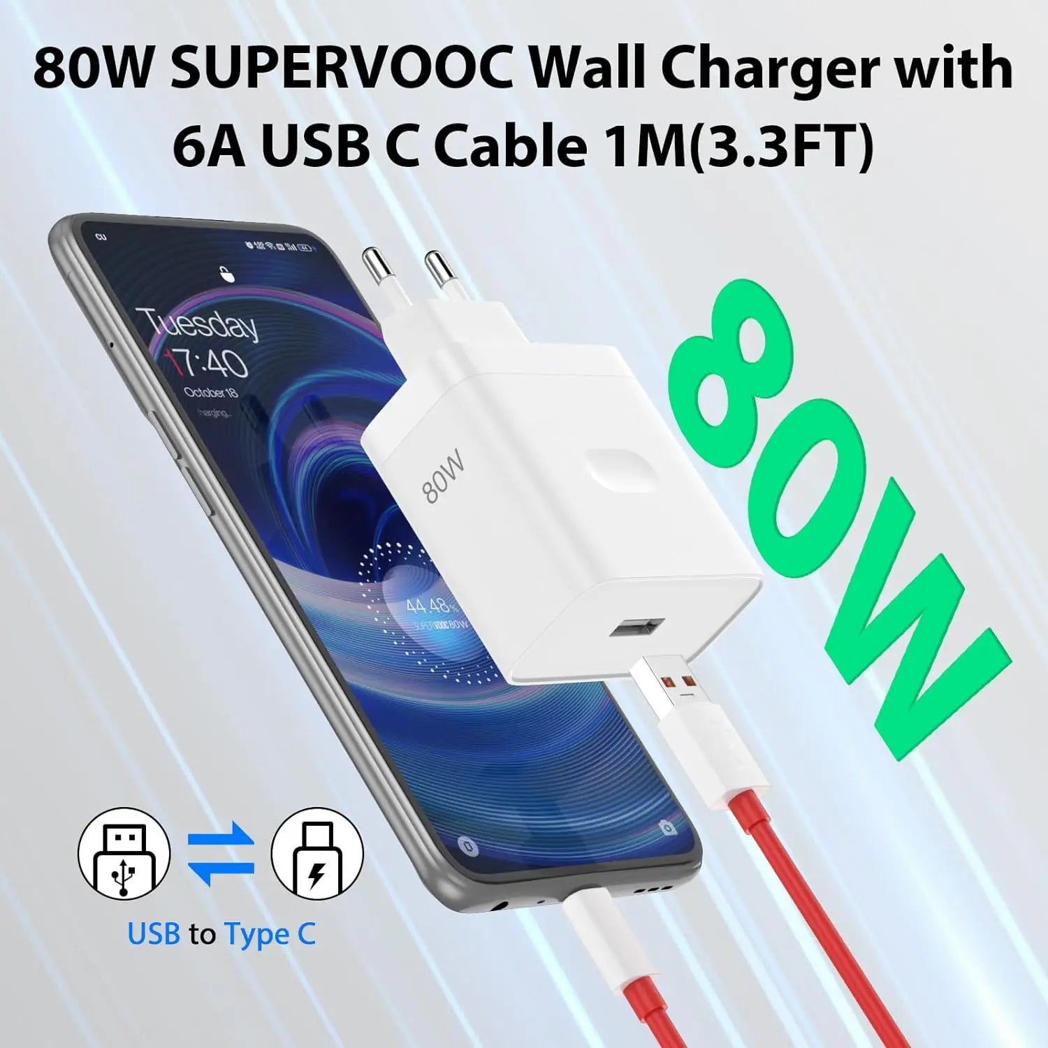Carregador rápido SuperVOOC EU de 80 W para OnePlus, compatível com OnePlus 10 Pro, 11, 12, 13, 15, Nord CE 2, 3, OPPO realme 10 GT, NEO 2 e 3, e cabo USB tipo C.