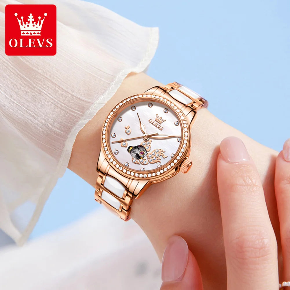 OLEVS Relógio Feminino Automático Mecânico em Aço Inoxidável – Resistente à Água 3 Bar