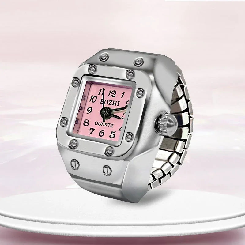 Relógio de dedo vintage punk, mini relógio de liga metálica com pulseira elástica, anel para casal, joia retrô, relógio de quartzo romano, anel feminino masculino