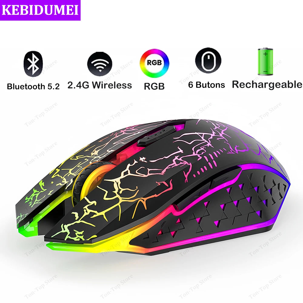 Mouse Bluetooth 5.2 RGB 2.4G Sem Fio com Modo Duplo para Jogos, 6 Botões, Silencioso, para MacBook, Tablet, Laptop e Computador.