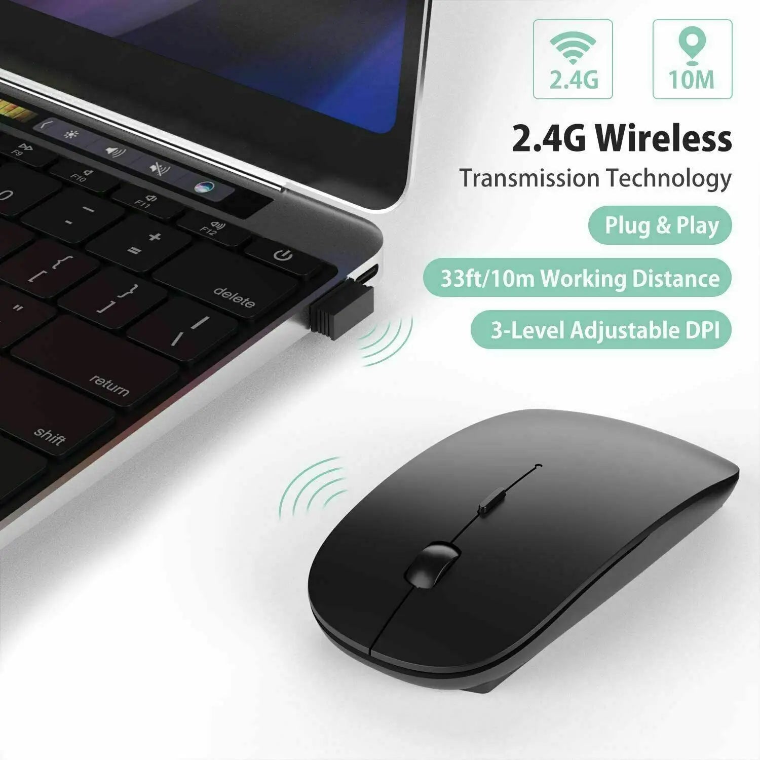 Mouse sem fio fino de 2,4 GHz, mouse óptico de 1600 DPI, mouse silencioso para jogos e escritório, mouse com design ergonômico e receptor USB para PC e laptop.