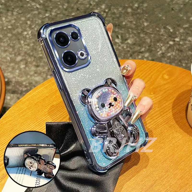 Capa transparente com suporte para urso fofo e resistente a impactos, com detalhes brilhantes, para Tecno Spark 40 Pro Plus, Spark 20, 20C, 10 Pro, 10C e 8C.