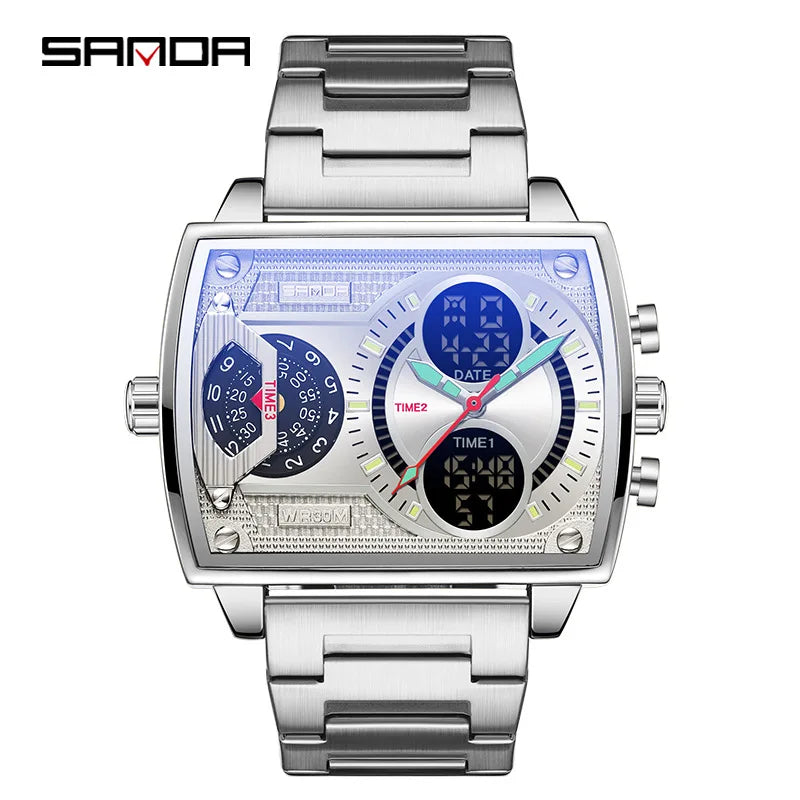 Gold Big Dial Three Time Men Wrist Watches Stainless Steel Men Sports Digital Military Quartz Watch Luminous Male Clock Dropship