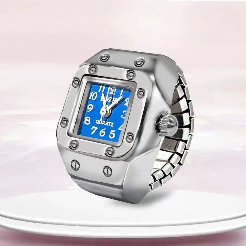 Relógio de dedo vintage punk, mini relógio de liga metálica com pulseira elástica, anel para casal, joia retrô, relógio de quartzo romano, anel feminino masculino