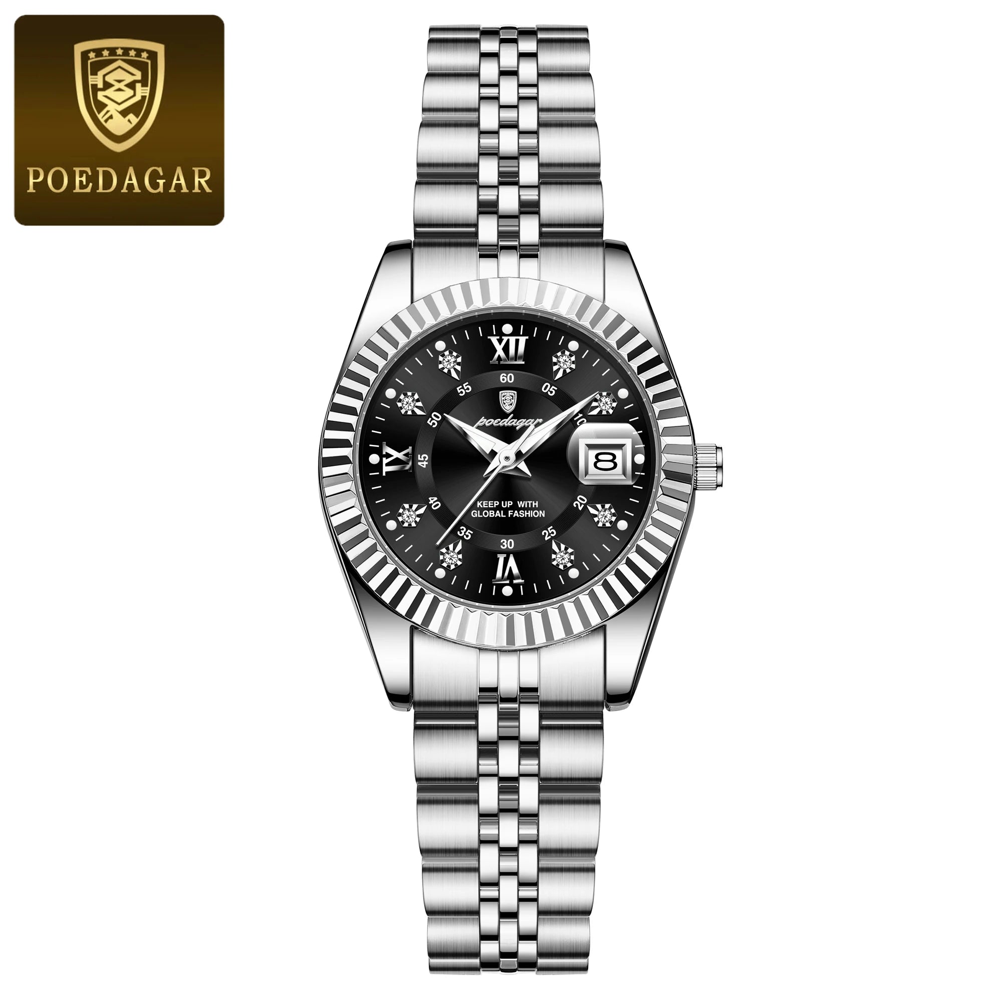 Relógio feminino de luxo POEDAGAR, à prova d'água, em aço inoxidável, com mostrador luminoso e data. Relógio de quartzo elegante e moderno para mulheres.