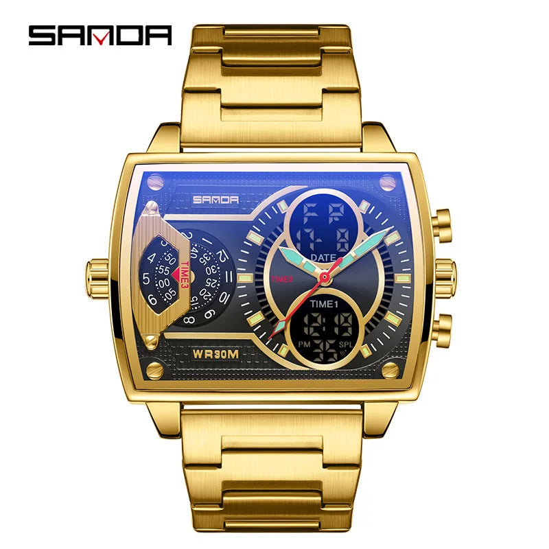 Gold Big Dial Three Time Men Wrist Watches Stainless Steel Men Sports Digital Military Quartz Watch Luminous Male Clock Dropship