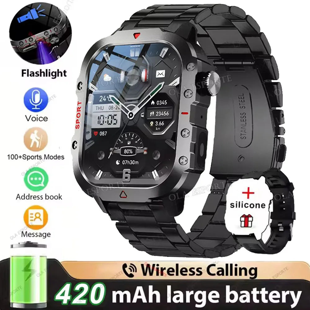 2026 New Military-grade Smart Watch Men GPS Flashlight 3ATM Waterproof Watch Bluetooth Call 100+Sport Outdoor Smartwatch Pk MA27