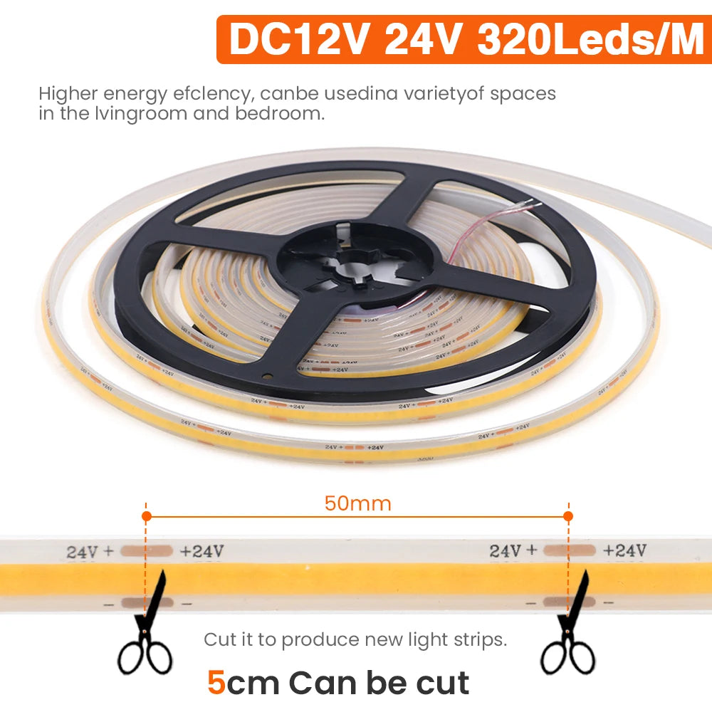 IP68 Waterproof COB Strip 12V 24V 320Leds/M RA90 3000K 4000K 6000K Home Garden Decor Flexible Ribbon Rope LED Light 1M 10M 20M