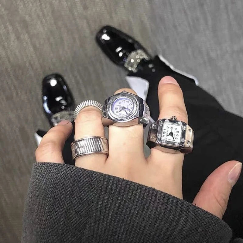 Relógio de dedo vintage punk, mini relógio de liga metálica com pulseira elástica, anel para casal, joia retrô, relógio de quartzo romano, anel feminino masculino